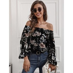 Floral Print Off The Shoulder long sleeve Blouse boho black